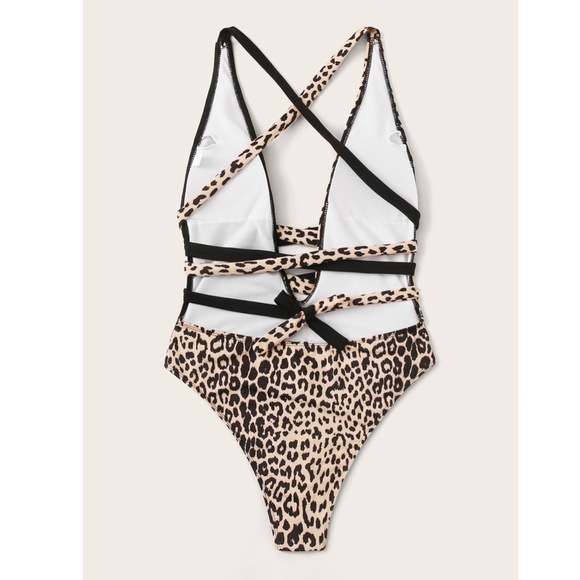 Cheetah Print Deep V Tie Detail One Piece Swimsuit - Picture 5 of 16